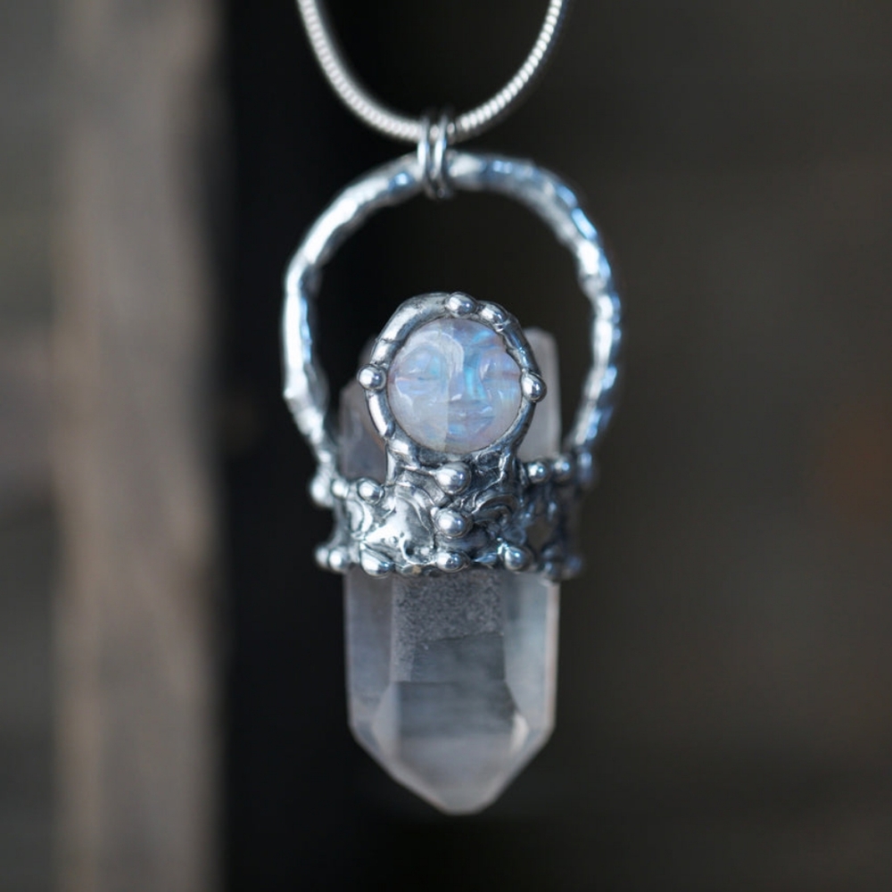 Carved Rainbow Moonstone Quartz Crystal Necklace